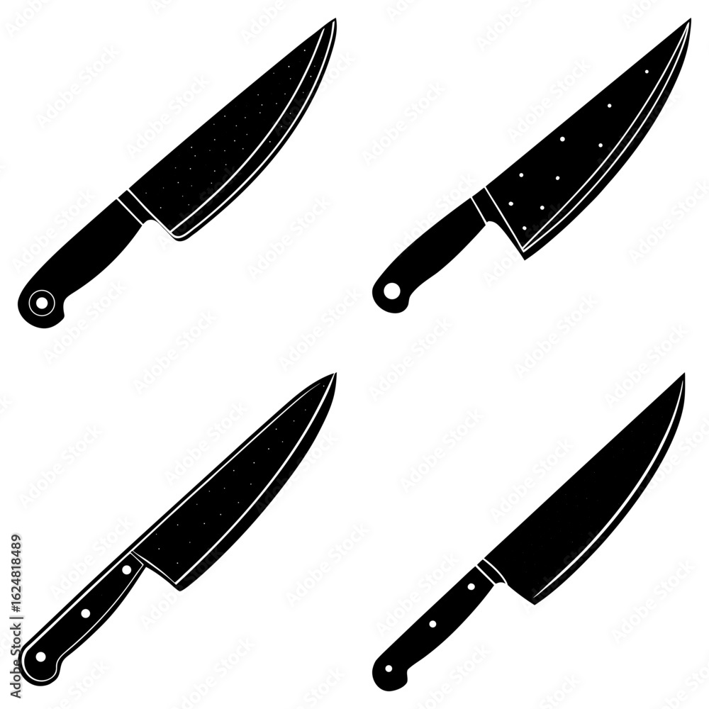 Poster illustration of four different styles of black chef knives on a white background in a square pattern