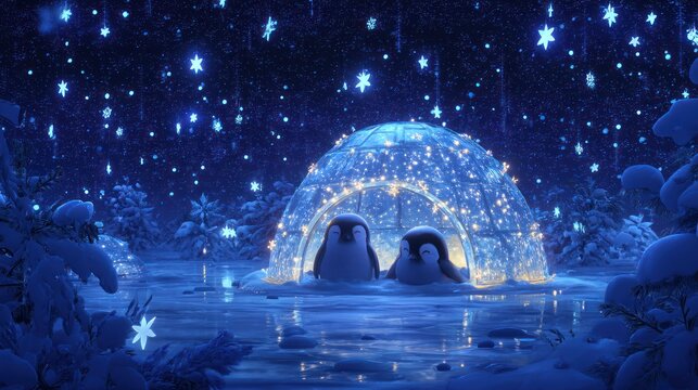 Penguins resting near a glowing igloo surrounded by glittering snowflakes