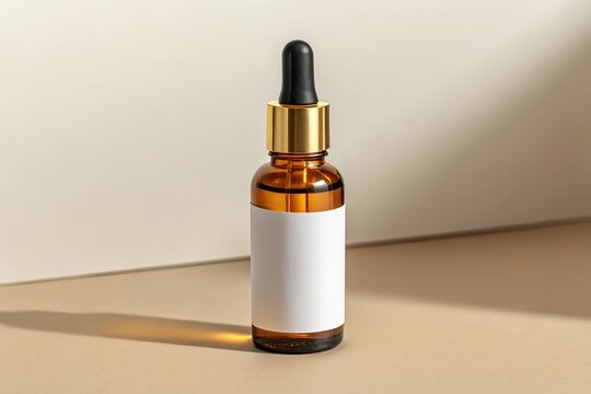 Amber glass dropper bottle with blank white label and golden cap casting a shadow