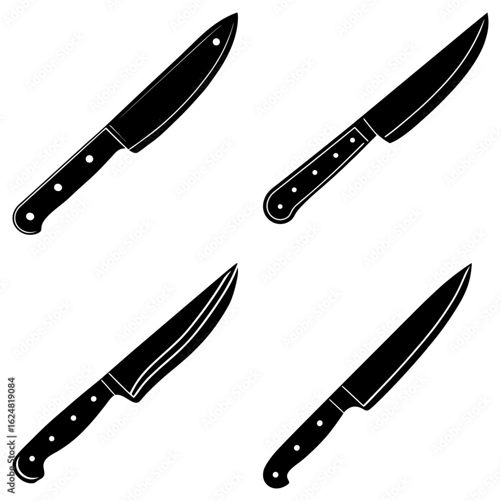 Poster four black and white knives with different blade shapes arranged in a square pattern on white backgr