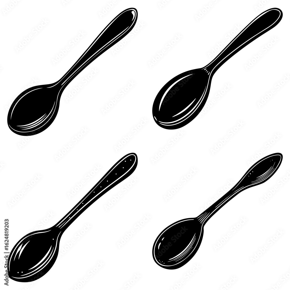 Poster four black and white spoons with different designs arranged in a square pattern on white background