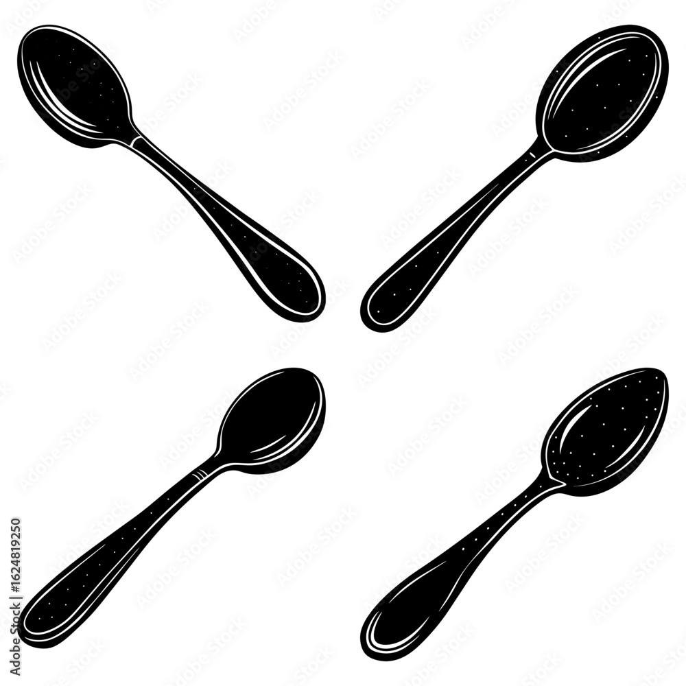 Poster four black spoons arranged in a square pattern on a white background in a simple vector style