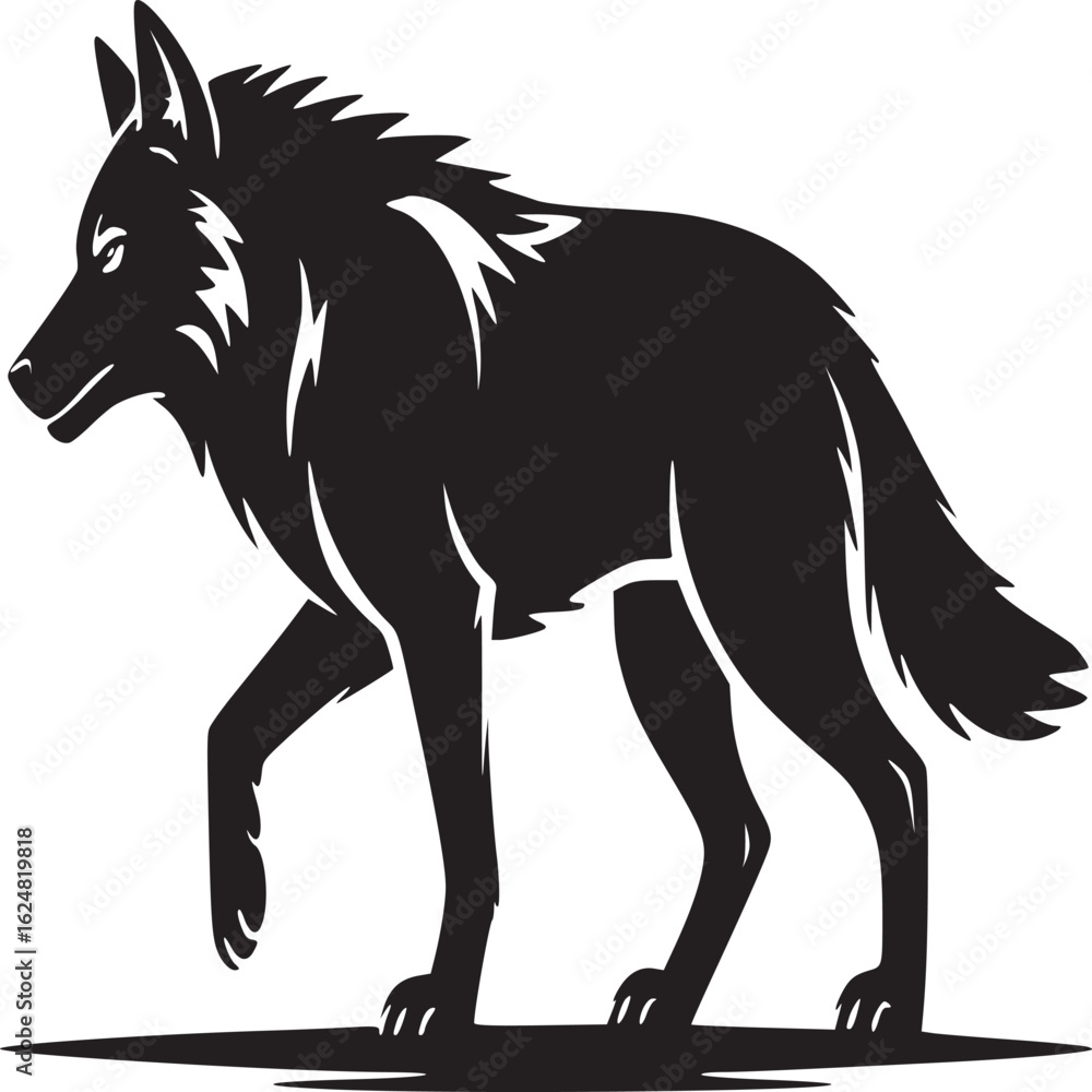 Poster a black silhouette of a wolf walking on a white background with a subtle gray gradient effect around