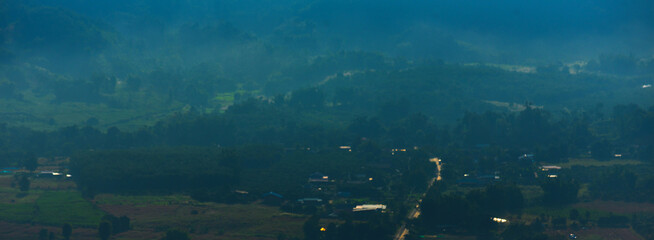 Banner Beautiful Mountain landscape foggy mountain green landscape morning sunrise. Amazing...