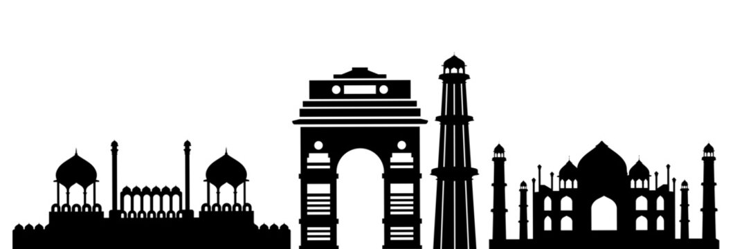 Black and White Silhouette of Indian Landmarks. Silhouette of Indian most popular arch place. historic place of india skyline vector illustration. 