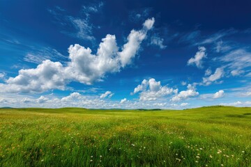 Obraz premium Expansive meadow under a vibrant blue sky dotted with fluffy white clouds. Lush green grass interspersed with wildflowers of various colors. A vast, peaceful landscape