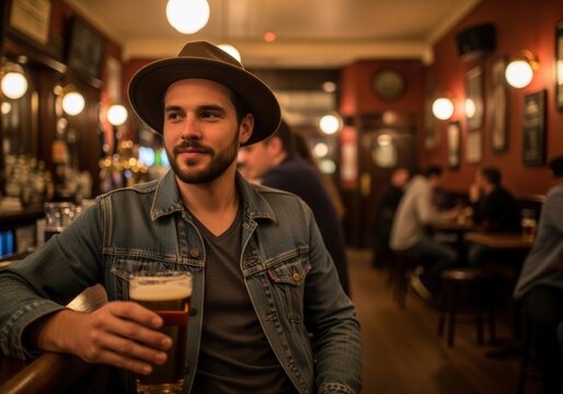 man in hat drinking beer at bar counter in cozy pub with people socializing in background