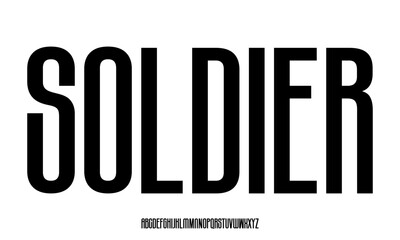 SOLDIER ARMY font isolated. Extra condensed alphabet. High narrow letters. Long and slim font. UppercaseVector illustration