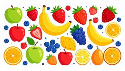 Set of fruits. Fresh organic food. Vegetarian meal. Isolated vector illustration 