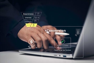 Successful Online Purchase, Conversion in Funnel Marketing, Digital visual representing the conversion stage, sales funnel, Payment Successful, leads become paying customers, Business concept