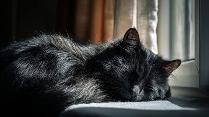 Black cat peacefully sleeping on a sunlit windowsill with soft reflections on its shiny fur in a cozy indoor setting