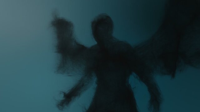 3d animation of an angel or demon built from particles