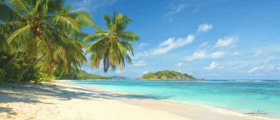 The beautiful beach with palm trees and tranquil turquoise waters.