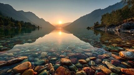 Serene sunset over clear lake with colorful stones and mountainous landscape reflecting warm golden light
