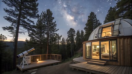 Obraz premium A telescope and dome house under a starry night sky surrounded by tall trees in a forest setting