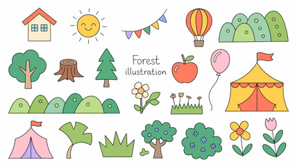 Delightful hand-drawn forest icons featuring cheerful sun, friendly bird, and cozy tents perfect for children's illustrations and playful designs