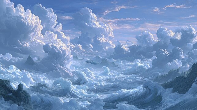 Surreal Cloudscape Mimicking Ocean Waves with Rocky Shores Under Soft Blue Sky
