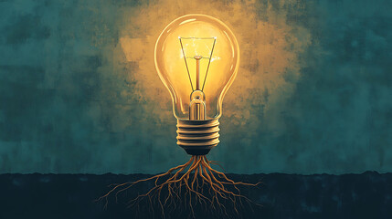 A glowing light bulb with roots, symbolizing ideas and creativity, set against a textured blue background.