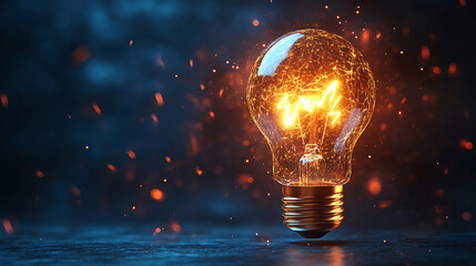 A glowing light bulb emits sparks and energy, symbolizing creativity and innovation against a dark, atmospheric background.