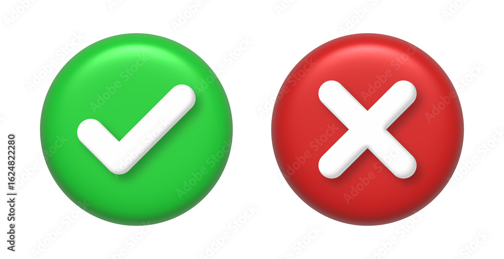 Poster 3d green check and red cross icons in circle buttons for accept and reject. illustration