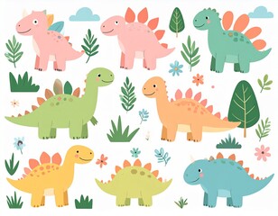 Naklejka premium Cute dinosaurs big bundle. Dino set. Collection with Tyrannosaurus rex, Stegosaurus