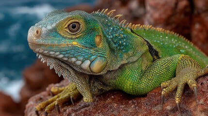Close-up of a vibrant green and blue iguana resting on reddish rocks, ocean waves visible in the background