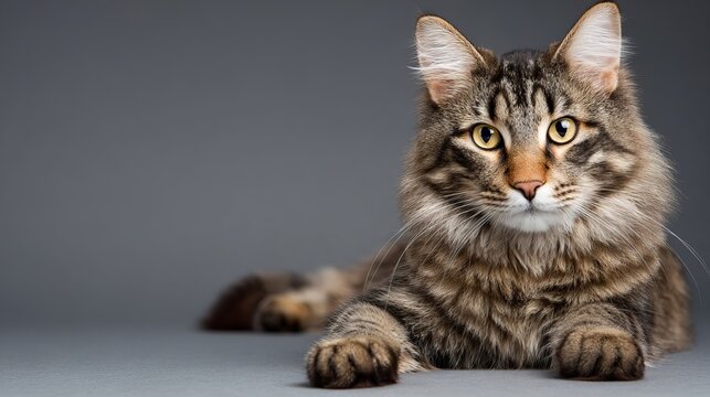 Long-haired tabby cat with intense yellow eyes resting calmly on a smooth surface against a neutral gray background - Powered by Adobe