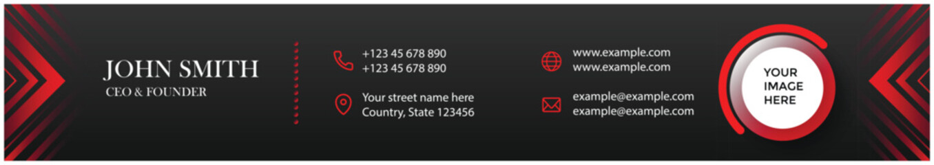 Modern dark business card with red accents and personal contact information