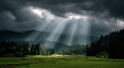 Sunlight piercing a dark sky over a verdant valley