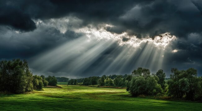 Dramatic landscape. Sunbeams piercing dark clouds above a grassy field with trees