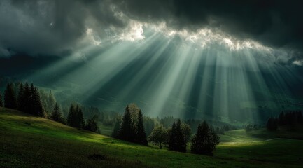Dramatic mountain landscape, sunbeams piercing dark clouds (1)