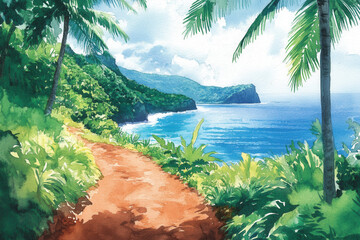 Vibrant watercolor painting depicts tropical coastal path lined with lush greenery and palm trees, leading to stunning view of ocean and distant cliffs under bright sky
