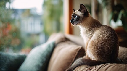 Siamese cat perched on cozy indoor furniture gazing thoughtfully through a window at blurred green garden outside