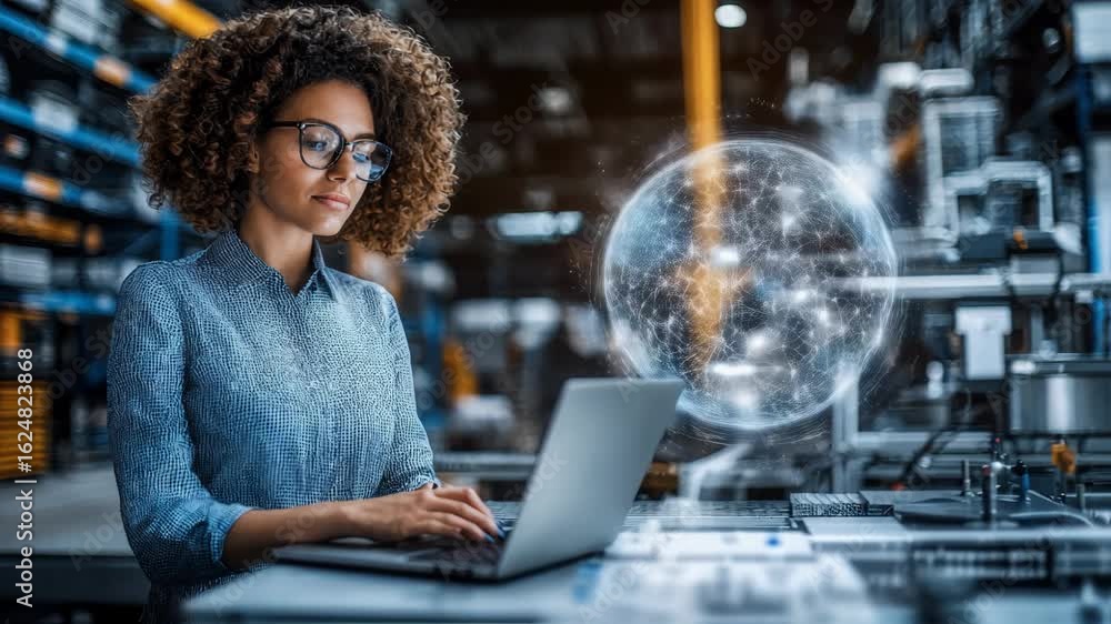 Poster a professional woman using a laptop in a modern server room, engaged in cloud computing and data ana