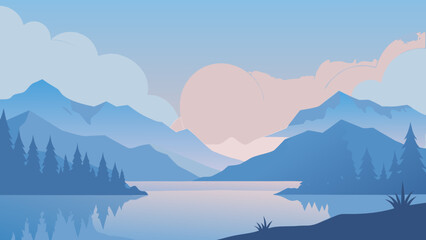 foggy lake landscape with sunrise light