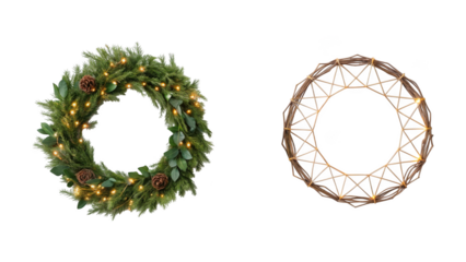 christmas wreaths, with gold ornaments, one with light on transparent