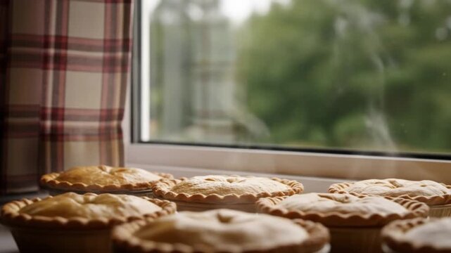 Steaming pies by window cozy kitchen