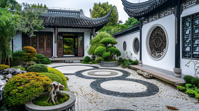 Chinese garden landscaping. An image showing the traditional style architecture of a Chinese garden, with its round typical moon gateway entrance. Path of round coloured pebbles lead throught a green.
