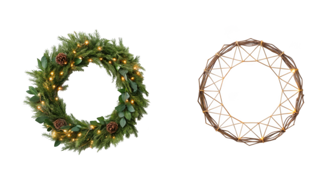 christmas wreaths, with gold ornaments, one with light on transparent
