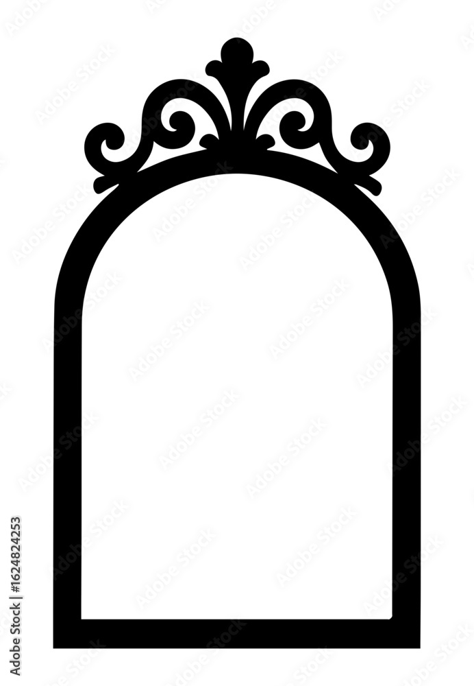 Poster vector elegant arched window frame silhouette with decorative flourish, a versatile design element f