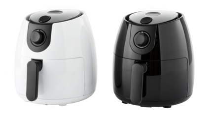 modern air fryers, one white and one black, are displayed sidebyside on transparent 
