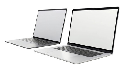  Two modern silver laptops with blank screens are positioned sidebyside on transparent 