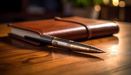 Elegant Fountain Pen and Leather Bound Journal on Wooden Surface