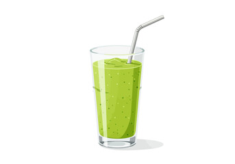 A glass filled with a green smoothie and a silver straw sits on a white surface