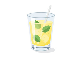 A glass filled with yellow liquid ice cubes mint leaves and a straw