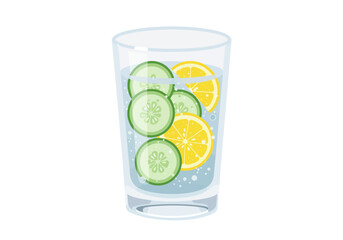 A glass of water is filled with cucumber and lemon slices