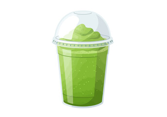 A green smoothie in a clear plastic cup with a dome lid against a white background