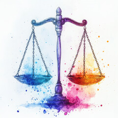 Watercolor illustration of balance scale with vibrant blue and orange splashes symbolizes justice and equality. artistic design conveys harmony and balance through its colorful expression