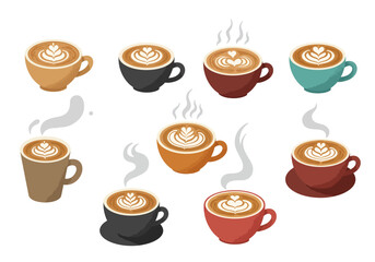 Array of steaming coffee cups each with latte art set against a white background