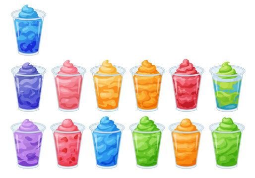 An assortment of brightly colored slushies arranged in rows on a white background